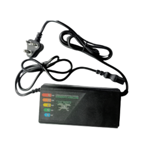 Black battery charger with LED charging indicators and power cable on transparent background